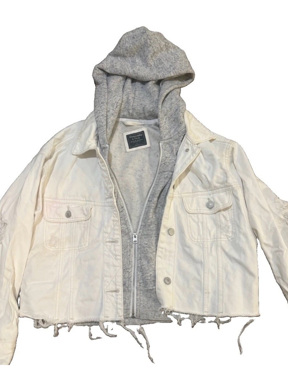 Abercrombie & Fitch White Cropped distressed denim Jacket withGray Hoodie Insert